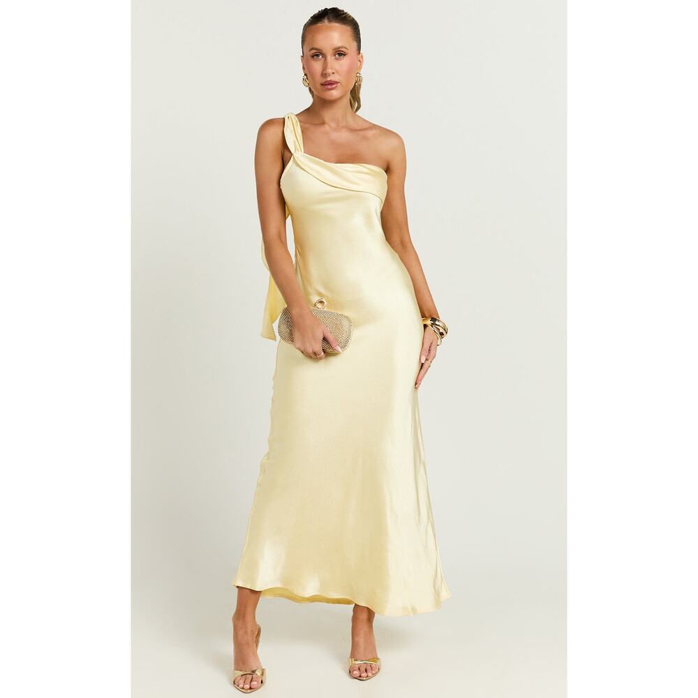 Showpo One-Shoulder Satin Maxi Dress in Pale Yellow